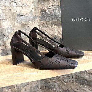 Gucci Vintage Dark Brown Canvas GG Square Toe Pumps